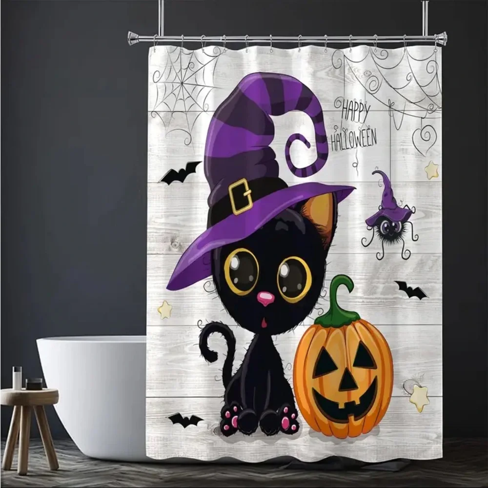 Cute Black‎ Cat Halloween Shower Curtain With Hooks For Bathroom Decoration